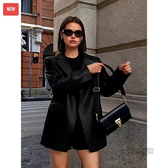 Faux Leather Blazer Jacket Moto Biker Coat Long Sleeves Button Slim Fit - Picture 6 of 6